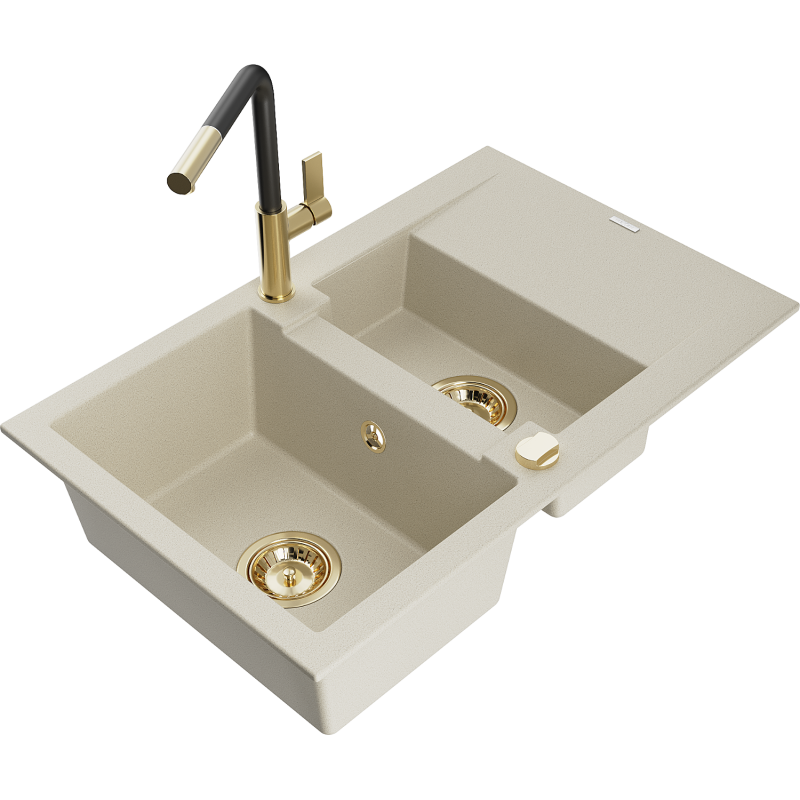 Mexen Gaspar Granitspüle 1,5 Becken mit Abtropffläche und Küchenarmatur Flora, beige - 6507-69-670401-57-G