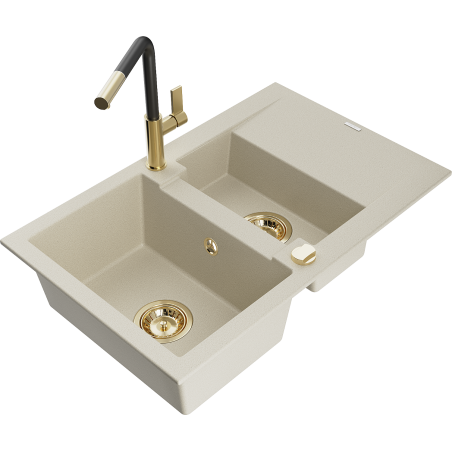 Mexen Gaspar Granitspüle 1,5 Becken mit Abtropffläche und Küchenarmatur Flora, beige - 6507-69-670401-57-G