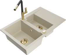 Mexen Gaspar Granitspüle 1,5 Becken mit Abtropffläche und Küchenarmatur Flora, beige - 6507-69-670401-57-G