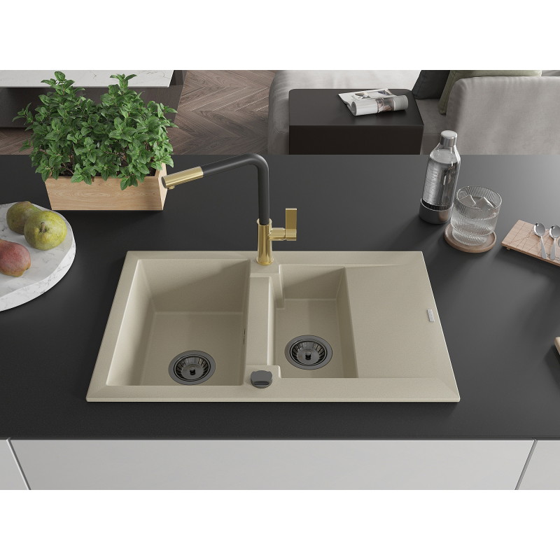 Mexen Gaspar Granitspüle 1,5-Kammer mit Abtropffläche und Küchenarmatur Flora, beige - 6507-69-670401-57-B