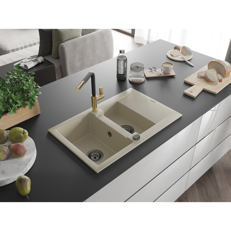 Mexen Gaspar Granitspüle 1,5-Kammer mit Abtropffläche und Küchenarmatur Flora, beige - 6507-69-670401-57-B