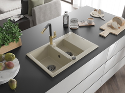 Mexen Gaspar Granitspüle 1,5-Becken mit Abtropffläche und Küchenarmatur Flora, beige - 6507-69-670401-57-B