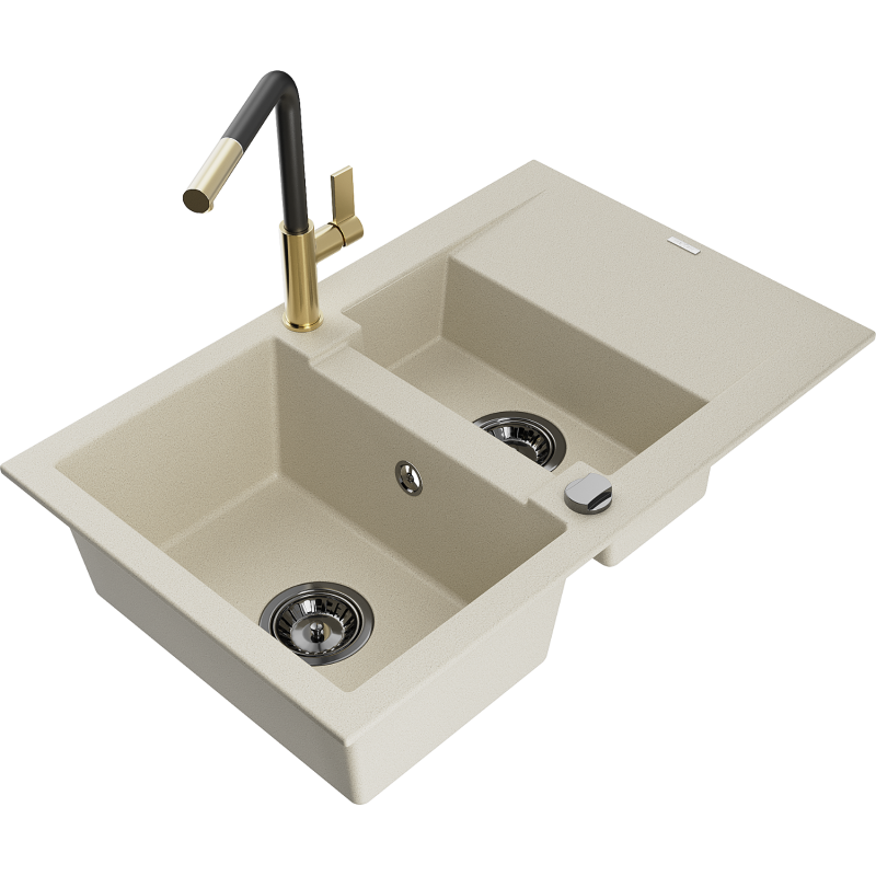 Mexen Gaspar Granitspüle 1,5-Becken mit Abtropffläche und Küchenarmatur Flora, beige - 6507-69-670401-57-B