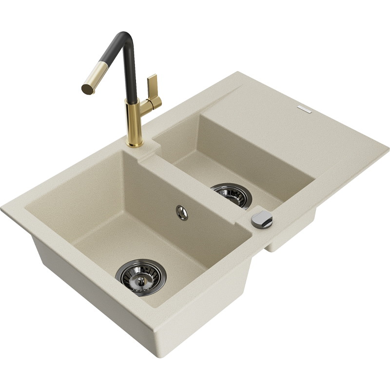 Mexen Gaspar Granitspüle 1,5-Kammer mit Abtropffläche und Küchenarmatur Flora, beige - 6507-69-670401-57-B