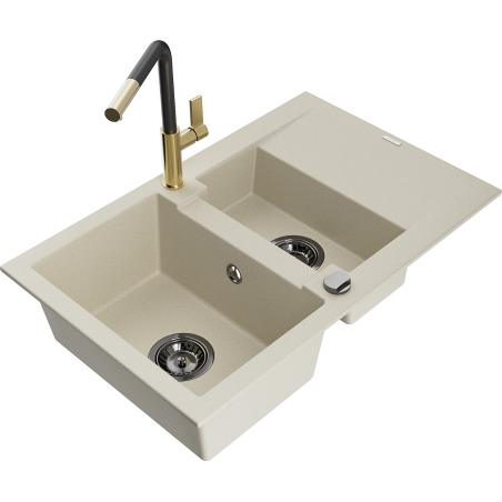 Mexen Gaspar 1,5-Becken-Granitspüle mit Abtropffläche und Mischbatterie Flora, Beige - 6507-69-670401-57-B