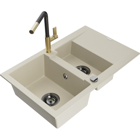 Mexen Gaspar Granitspüle 1,5-Becken mit Abtropffläche und Küchenarmatur Flora, beige - 6507-69-670401-57-B