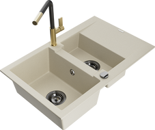Mexen Gaspar Granitspüle 1,5-Becken mit Abtropffläche und Küchenarmatur Flora, beige - 6507-69-670401-57-B