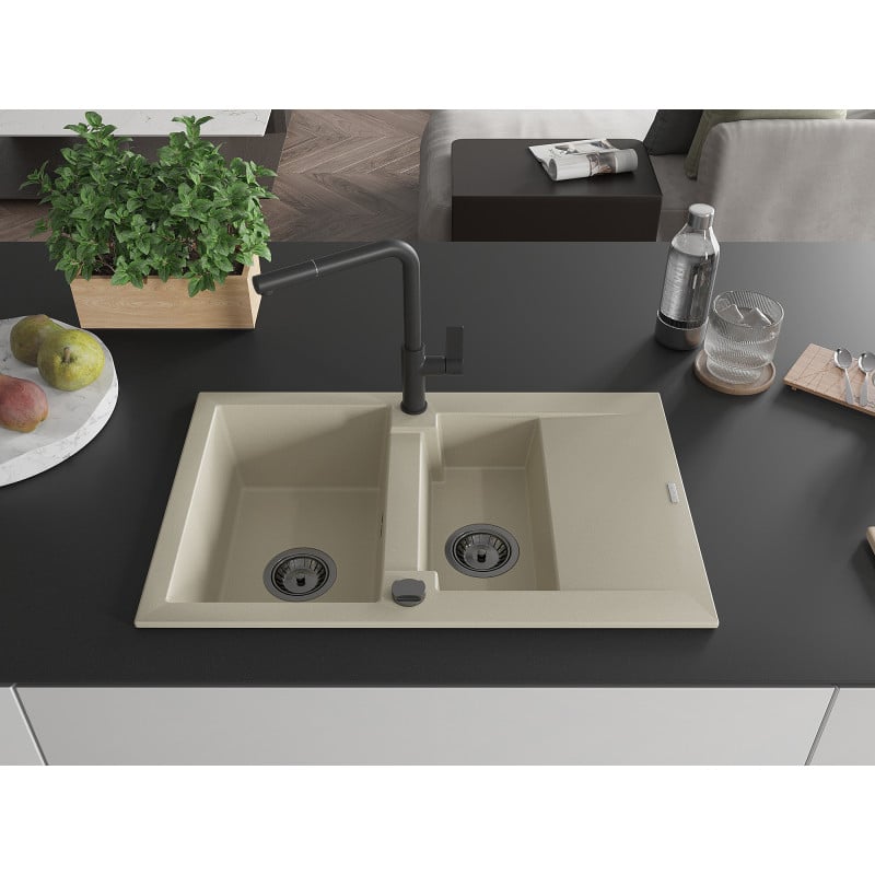 Mexen Gaspar Granitspüle 1,5-becken mit Abtropffläche und Küchenarmatur Flora, beige - 6507-69-670401-70-B