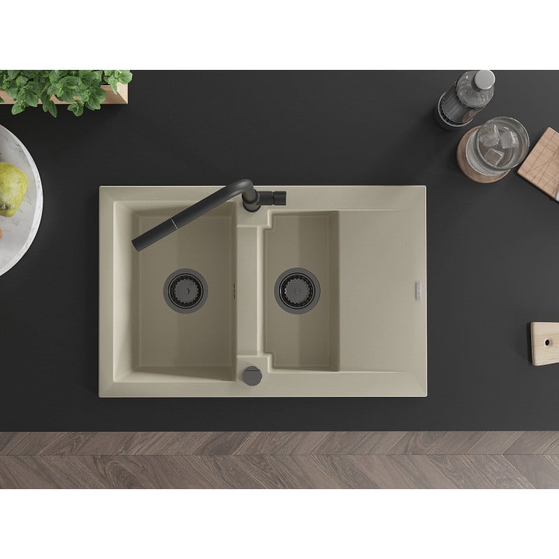 Mexen Gaspar Granitspüle 1,5-becken mit Abtropffläche und Küchenarmatur Flora, beige - 6507-69-670401-70-B