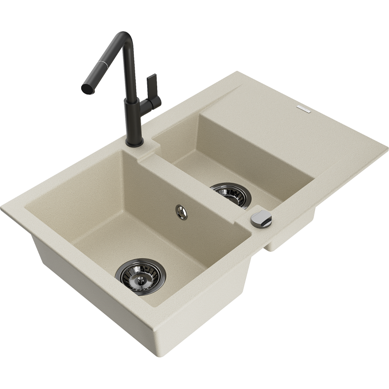 Mexen Gaspar Granitspüle 1,5-becken mit Abtropffläche und Küchenarmatur Flora, beige - 6507-69-670401-70-B
