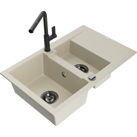 Mexen Gaspar Granitspüle 1,5-becken mit Abtropffläche und Küchenarmatur Flora, beige - 6507-69-670401-70-B