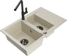 Mexen Gaspar Granitspüle 1,5-becken mit Abtropffläche und Küchenarmatur Flora, beige - 6507-69-670401-70-B
