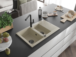 Mexen Gaspar Granitspüle 1,5-becken mit Abtropffläche und Küchenarmatur Flora, beige - 6507-69-670401-70-B
