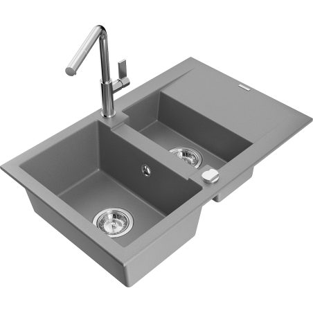 Mexen Gaspar Granitspüle 1,5-beckig mit Abtropffläche und Küchenarmatur Flora, grau - 6507-71-670401-00