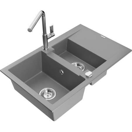 Mexen Gaspar Granitspüle 1,5-Kammer mit Abtropffläche und Küchenarmatur Flora, grau - 6507-71-670401-00