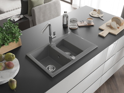 Mexen Gaspar Granitspüle 1,5-beckig mit Abtropffläche und Küchenarmatur Flora, grau - 6507-71-670401-00