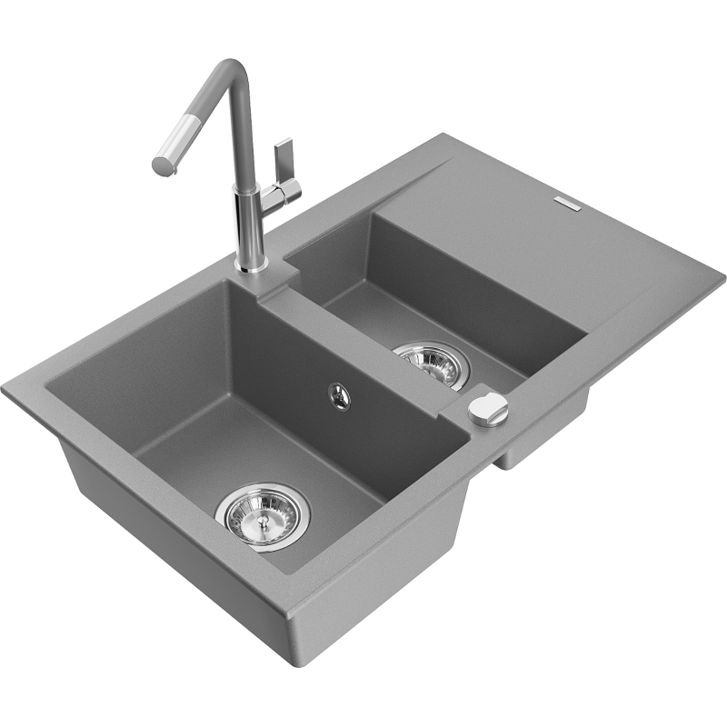 Mexen Gaspar Granitspüle 1,5-fach mit Abtropffläche und Küchenarmatur Flora, grau - 6507-71-670401-06