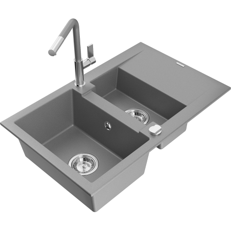 Mexen Gaspar Granitspüle 1,5-fach mit Abtropffläche und Küchenarmatur Flora, grau - 6507-71-670401-06