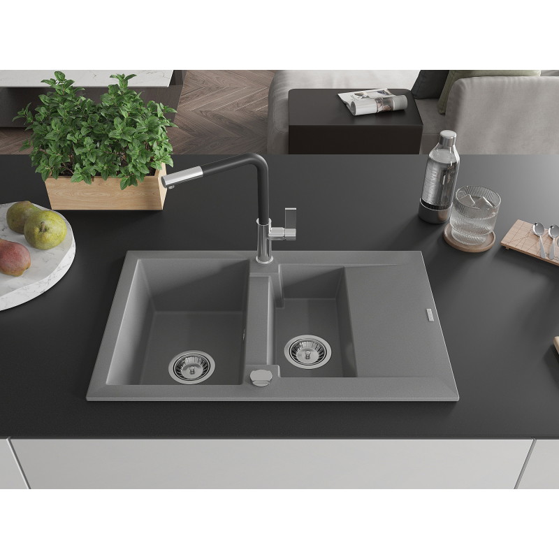 Mexen Gaspar Granitspüle 1,5-fach mit Abtropffläche und Küchenarmatur Flora, grau - 6507-71-670401-07
