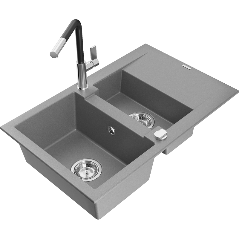 Mexen Gaspar Granitspüle 1,5-beckig mit Abtropffläche und Küchenarmatur Flora, grau - 6507-71-670401-07