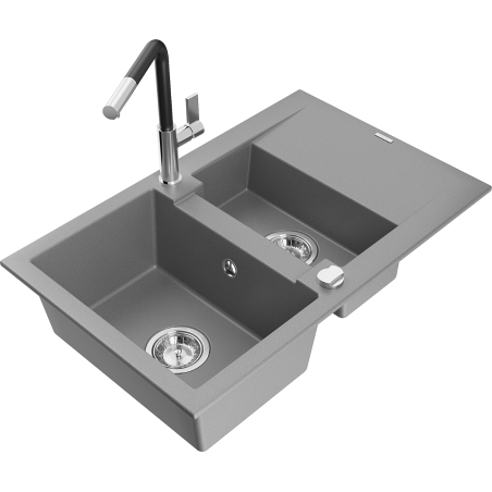 Mexen Gaspar Granitspüle 1,5-fach mit Abtropffläche und Küchenarmatur Flora, grau - 6507-71-670401-07
