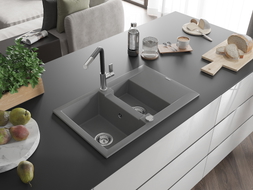 Mexen Gaspar Granitspüle 1,5-beckig mit Abtropffläche und Küchenarmatur Flora, grau - 6507-71-670401-07