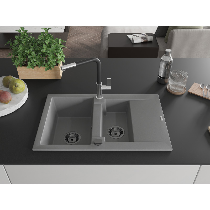 Mexen Gaspar Granitspüle 1,5-Becken mit Abtropffläche und Küchenarmatur Flora, grau - 6507-71-670401-07-B