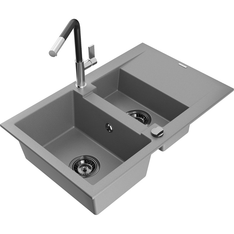 Mexen Gaspar 1,5-Kammer-Granispüle mit Abtropffläche und Küchenarmatur Flora, grau - 6507-71-670401-07-B