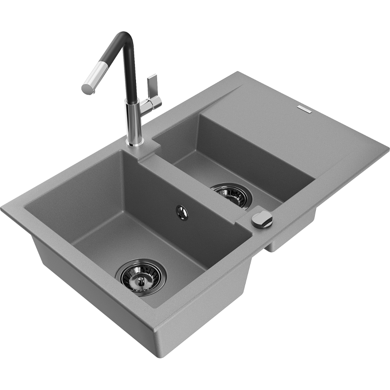 Mexen Gaspar Granitspüle 1,5-Becken mit Abtropffläche und Küchenarmatur Flora, grau - 6507-71-670401-07-B