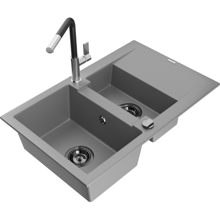 Mexen Gaspar Granitspüle 1,5-Becken mit Abtropffläche und Küchenarmatur Flora, grau - 6507-71-670401-07-B
