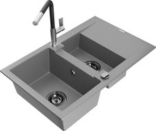 Mexen Gaspar Granitspüle 1,5-Becken mit Abtropffläche und Küchenarmatur Flora, grau - 6507-71-670401-07-B