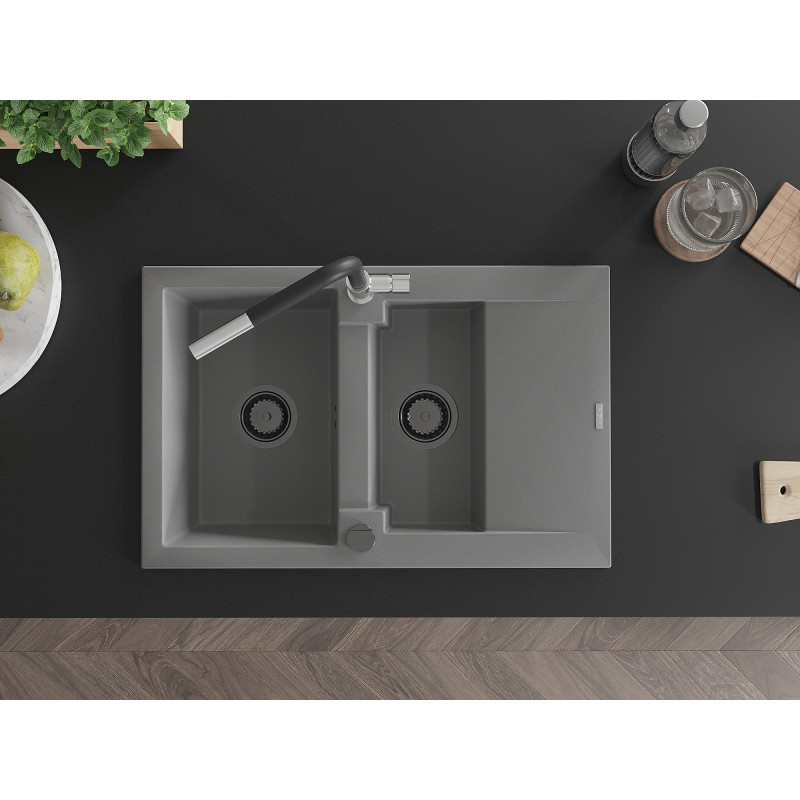 Mexen Gaspar Granitspüle 1,5-Becken mit Abtropffläche und Küchenarmatur Flora, grau - 6507-71-670401-07-B