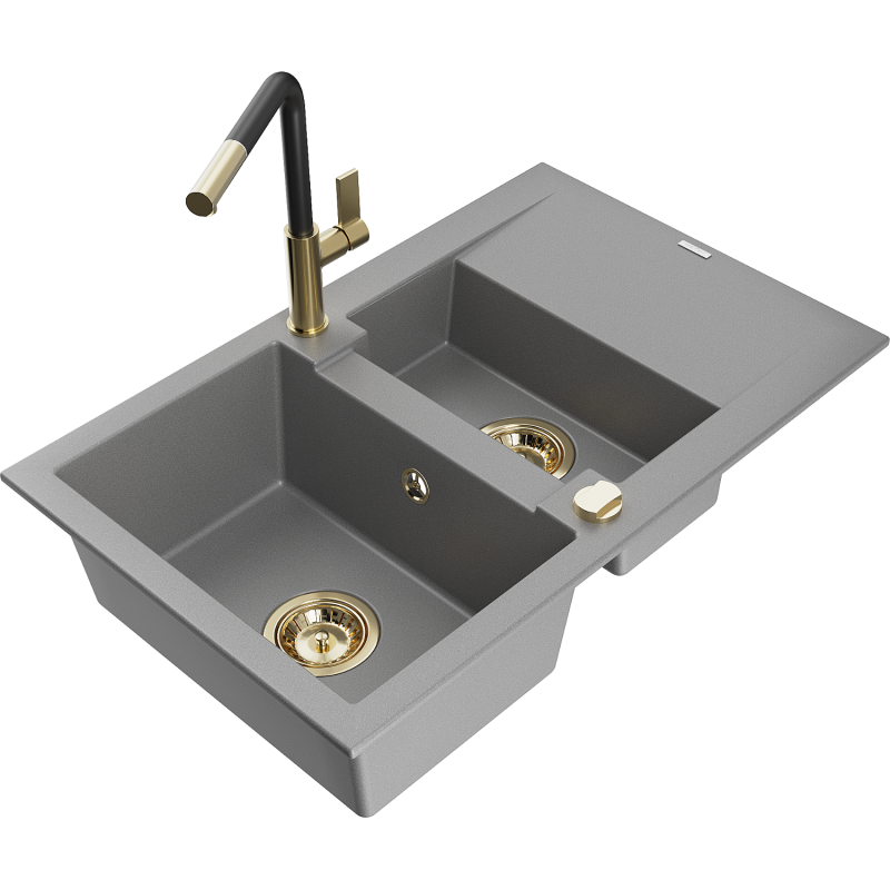 Mexen Gaspar Granitspüle 1,5-Becken mit Abtropffläche und Küchenarmatur Flora, grau - 6507-71-670401-57-G