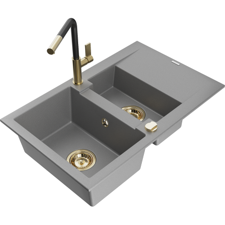 Mexen Gaspar 1,5-Kammer-Granitsprühsieb mit Abtropffläche und Küchenarmatur Flora, grau - 6507-71-670401-57-G