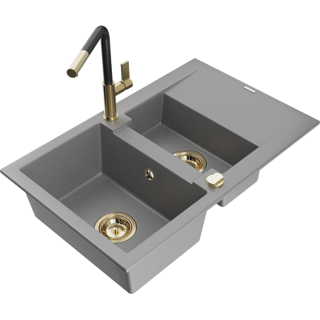 Mexen Gaspar Granitspüle 1,5-Becken mit Abtropffläche und Küchenarmatur Flora, grau - 6507-71-670401-57-G