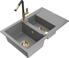 Mexen Gaspar Granitspüle 1,5-Becken mit Abtropffläche und Küchenarmatur Flora, grau - 6507-71-670401-57-G