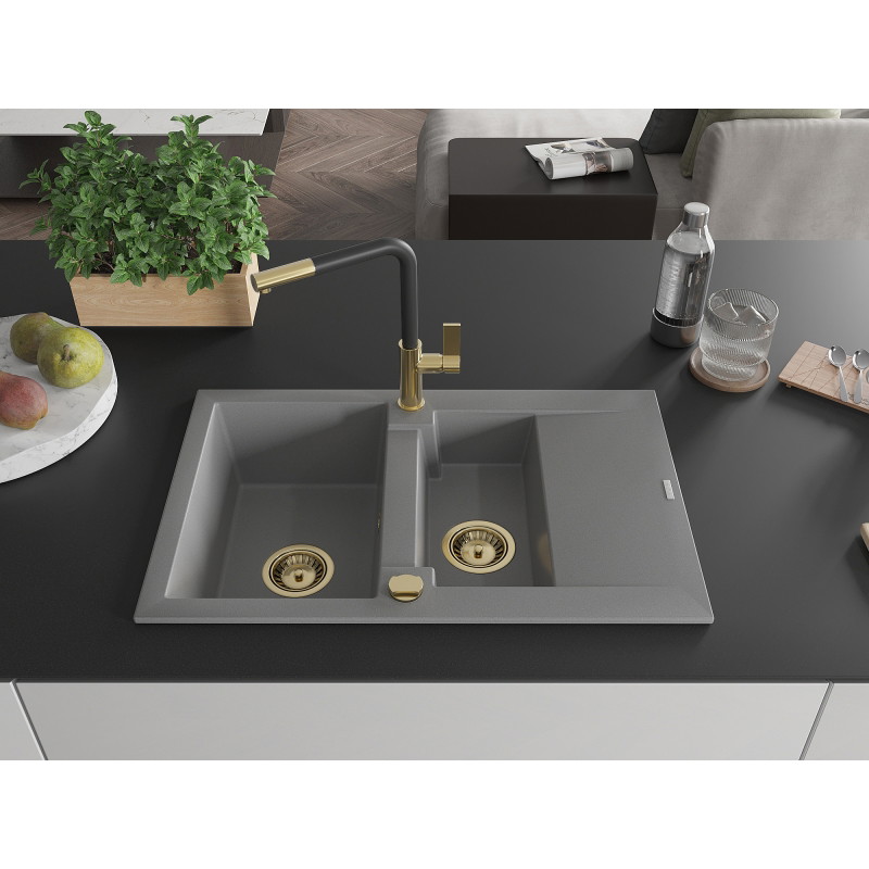 Mexen Gaspar 1,5-Kammer-Granitsprühsieb mit Abtropffläche und Küchenarmatur Flora, grau - 6507-71-670401-57-G