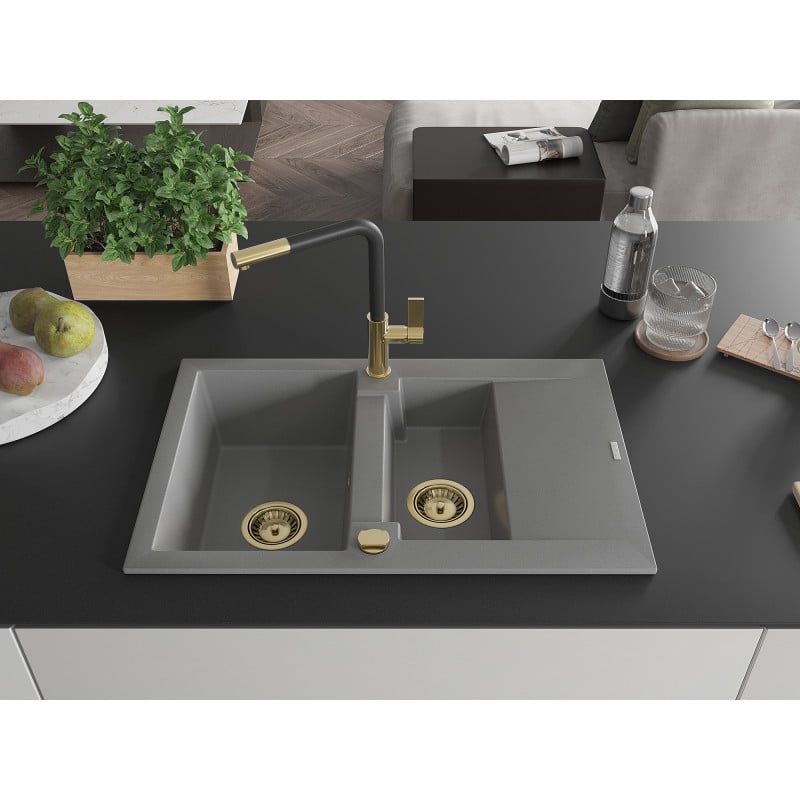 Mexen Gaspar Granitspüle 1,5-Becken mit Abtropffläche und Küchenarmatur Flora, grau - 6507-71-670401-57-G