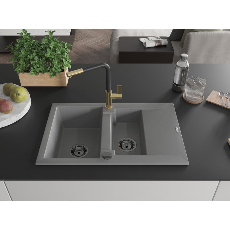 Mexen Gaspar Granitspüle 1,5-Becken mit Abtropffläche und Küchenarmatur Flora, grau - 6507-71-670401-57-B