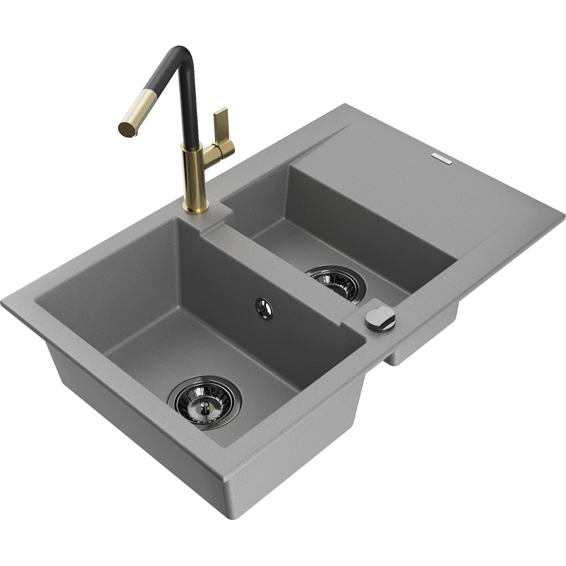 Mexen Gaspar Granitspüle 1,5-Becken mit Abtropffläche und Küchenarmatur Flora, grau - 6507-71-670401-57-B