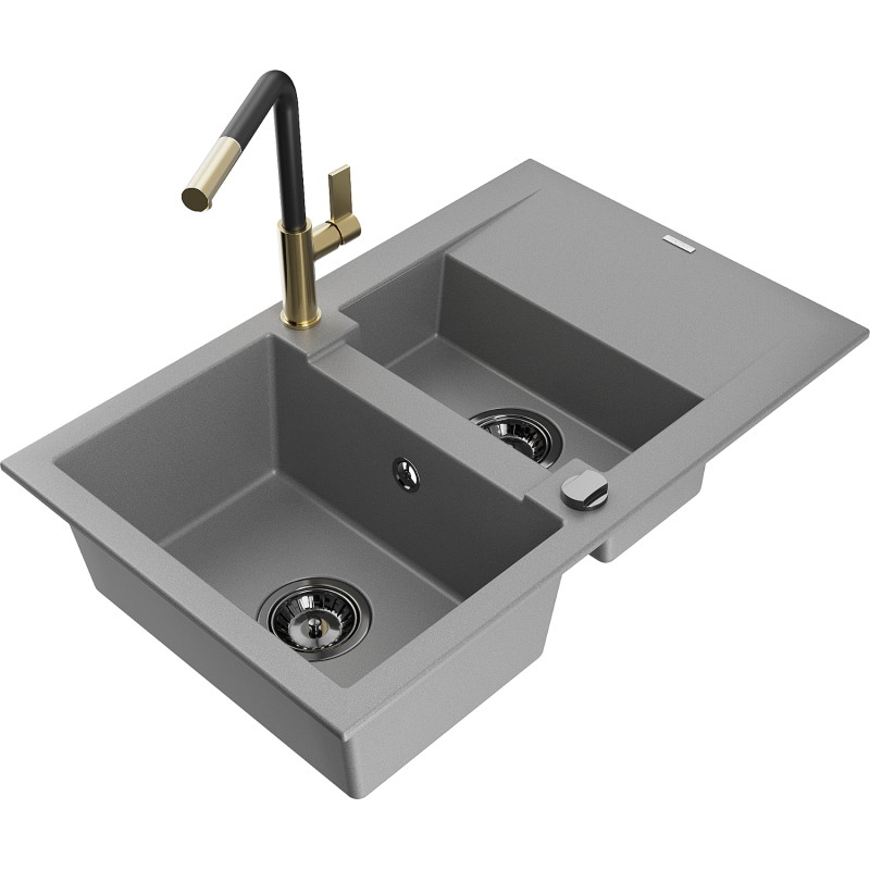 Mexen Gaspar Granitspüle 1,5-Kammern mit Abtropffläche und Küchenarmatur Flora, grau - 6507-71-670401-57-B