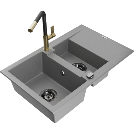 Mexen Gaspar Granitspüle 1,5-Becken mit Abtropffläche und Küchenarmatur Flora, grau - 6507-71-670401-57-B