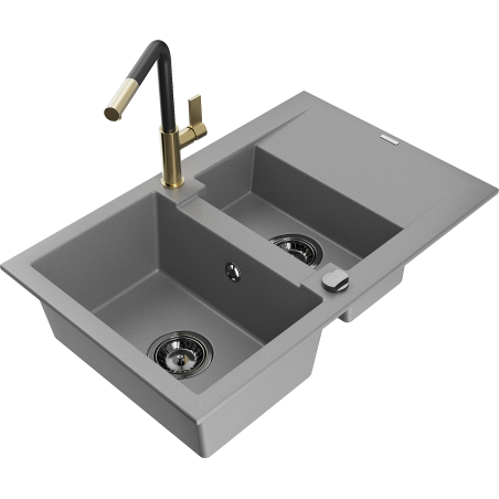 Mexen Gaspar Granitspüle 1,5-Kammern mit Abtropffläche und Küchenarmatur Flora, grau - 6507-71-670401-57-B