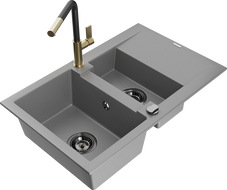 Mexen Gaspar Granitspüle 1,5-Becken mit Abtropffläche und Küchenarmatur Flora, grau - 6507-71-670401-57-B