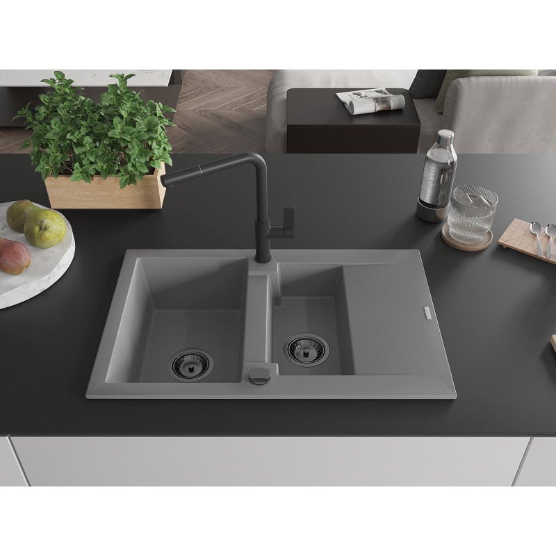 Mexen Gaspar Granitspüle 1,5-Becken mit Abtropffläche und Küchenarmatur Flora, grau - 6507-71-670401-70-B