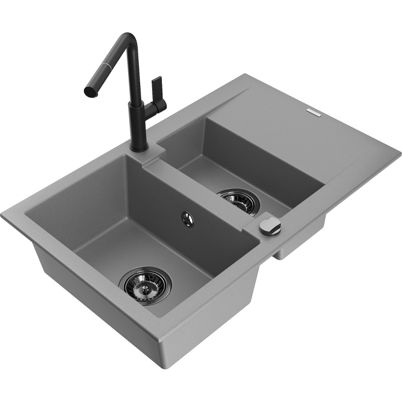 Mexen Gaspar Granitspüle 1,5-Becken mit Abtropffläche und Küchenarmatur Flora, grau - 6507-71-670401-70-B
