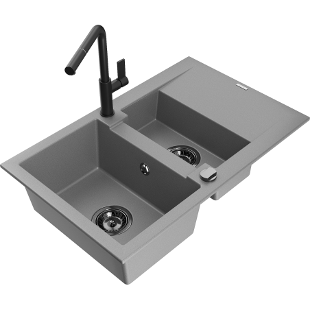 Mexen Gaspar Granitspüle 1,5-Becken mit Abtropffläche und Küchenarmatur Flora, grau - 6507-71-670401-70-B