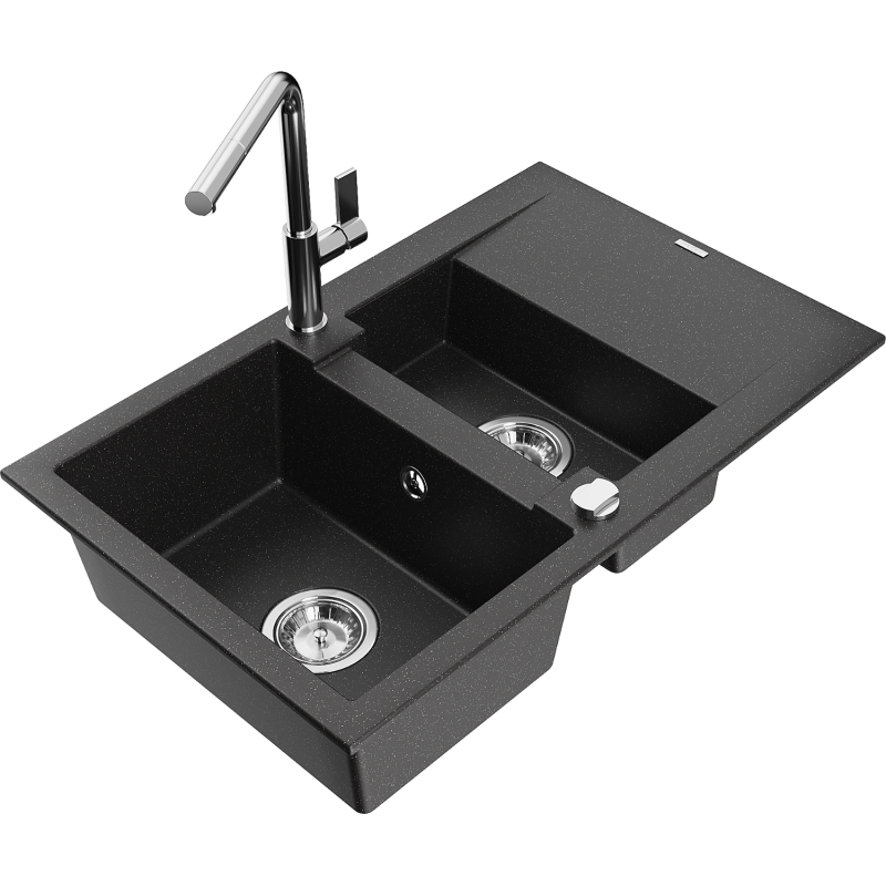 Mexen Gaspar Granitspüle 1,5-Becken mit Abtropffläche und Küchenarmatur Flora, schwarz/silber - 6507-73-670401-00