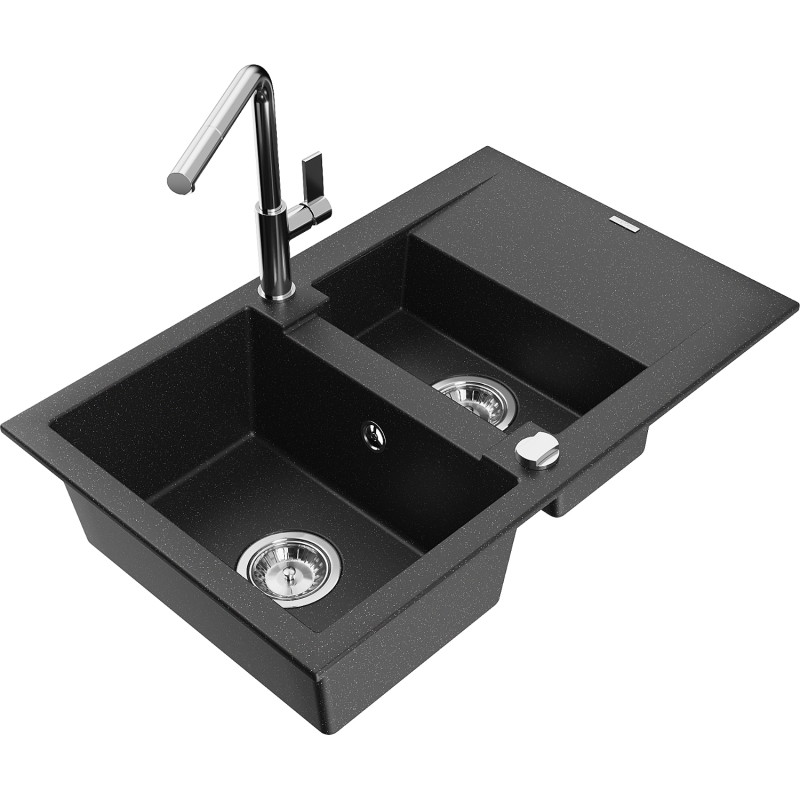Mexen Gaspar Granitspüle 1,5-Kammern mit Abtropffläche und Küchenarmatur Flora, schwarz/silber - 6507-73-670401-00