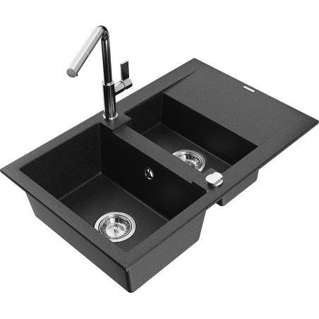 Mexen Gaspar Granitspüle 1,5-Becken mit Abtropffläche und Küchenarmatur Flora, schwarz/silber - 6507-73-670401-00